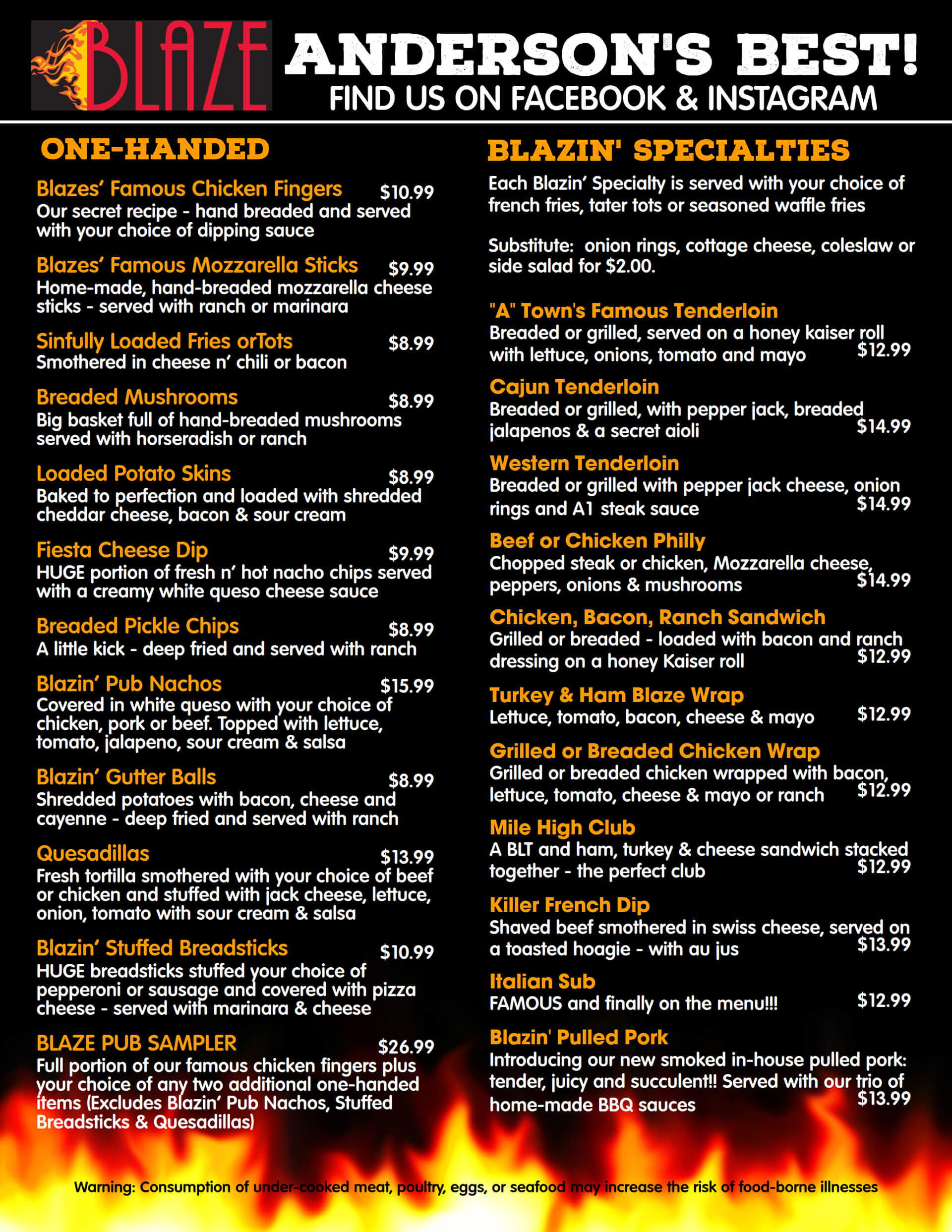 Blaze Brew Pub menu page 1
