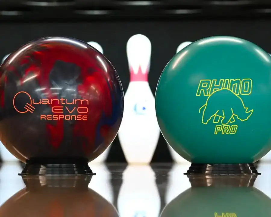 Quantum Evo Response and Rhino Pro bowling balls from Andy's Pro Shop displayed on the lane at Championship Lanes in Anderson, IN