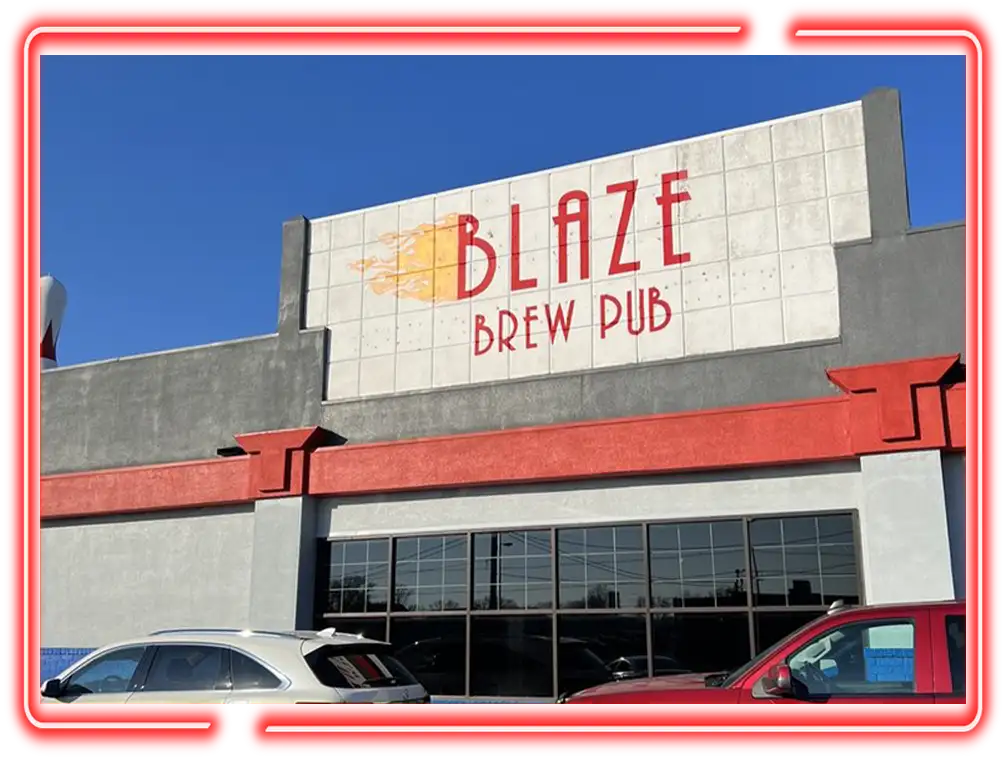 Exterior sign for Blaze Brew Pub at Championship Lanes in Anderson, IN