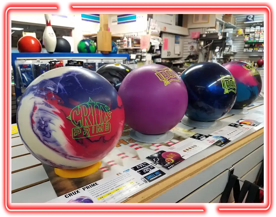 Crux Prime and other bowling balls on display in the pro shop at Championship Lanes in Anderson, IN
