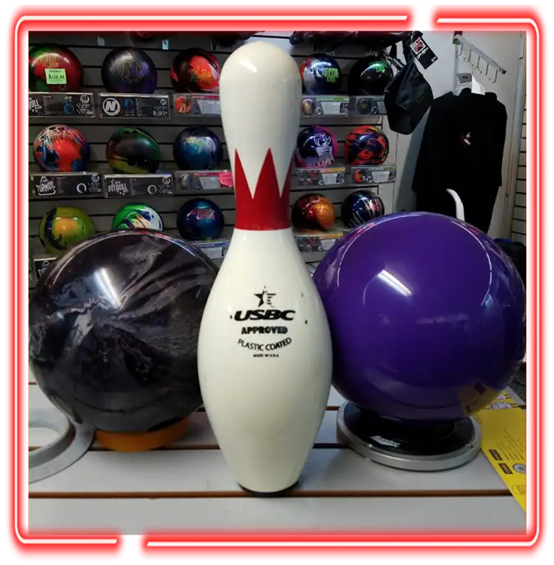 Bowling pin and balls displayed in the pro shop at Championship Lanes in Anderson, IN